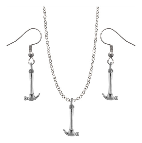 Kit Collar Y Aretes Herramientas Regalo Dije Cadena Acero Plateado Martillo 2