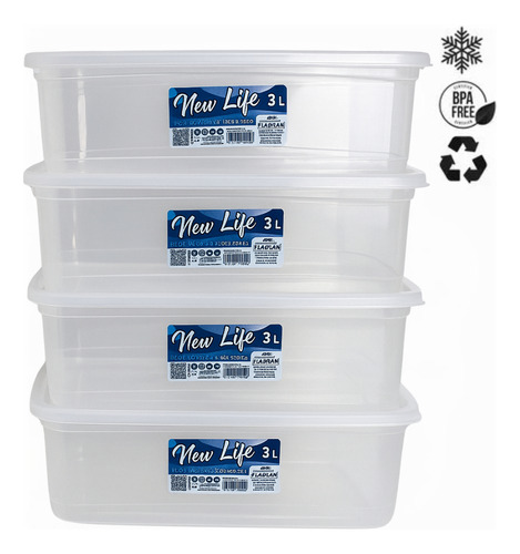 Kit 4 Potes 3l Com Tampa Para Freezer Geladeira E Armário