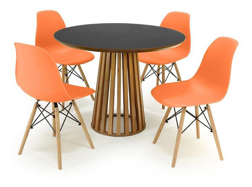 Mesa De Jantar 100cm Preta Luana + 4 Cadeiras Eiffel Cor Laranja