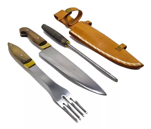Juego de cuchillo, tenedor y chaira de acero inoxidable hoja de 12 Cm