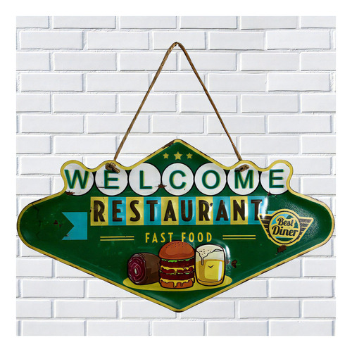 Placa Metal Decorativa Welcome Fast Food Alto Relevo 40x22cm