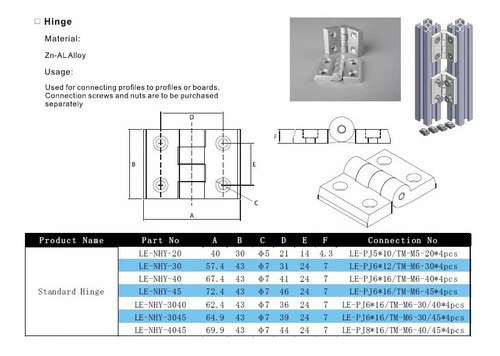 Imagen 3 de 3 de Bisagra Aluminio Importada 43mmx67mm Perfil 4040/4080 Envios