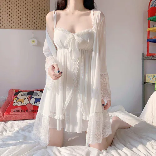 Conjunto De Ropa De Hogar Acolchada Con Camisa De Encaje Par