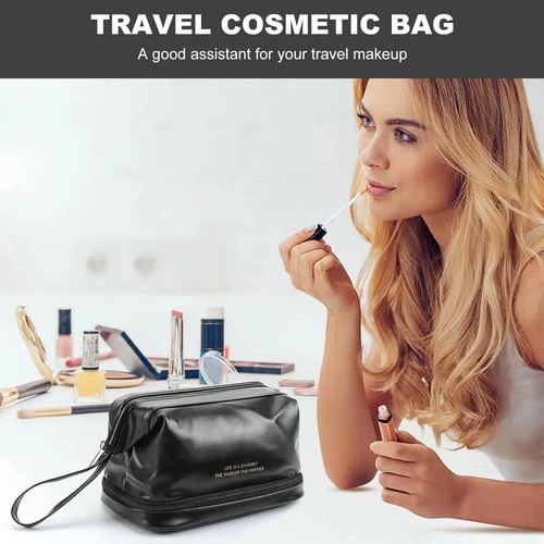 Neceser Cosmetiquera De Viaje Impermeable Doble Capa Marrón Lisa