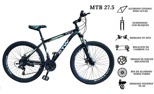 Imagen 2 de 10 de Bicicleta Montañera Rin 27.5 Marca Btw Aluminio Shimano