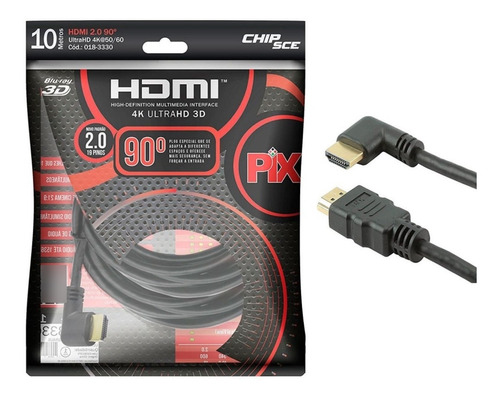 Cabo Hdmi L 10m 90 Graus Blindado 2.0 Ethernet 10 Metros 4k