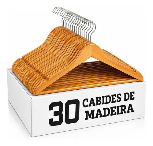 Kit 30 Cabide De Madeira Adulto Grande Antideslizante Slim Marfim