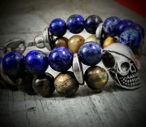 Pulsera Brazalete Piedras Naturales Y Acero Doble Con Calave