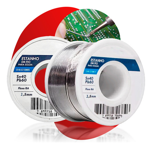Fio De Solda Estanho Eletrônica 1.5 Mm Rolo 80g 40x60 Com Fluxo Ra Em Carretel