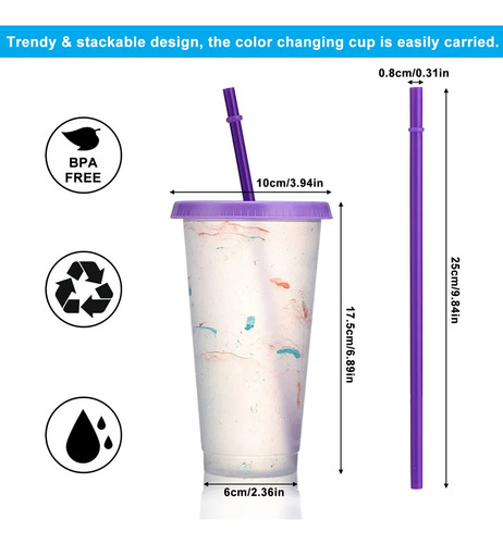 Vasos Magicos Cambian De Color Con Tapa Y Popote 720ml 5pzs