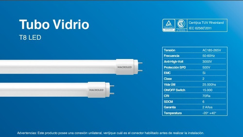 Imagen 3 de 10 de Tubo Led 18w=36w Macroled De 1200mm Caja X 25 Promo Vidrio