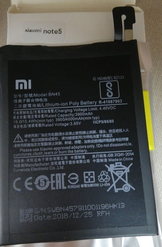 Imagen 1 de 1 de Bateria Xiaomi Bn45 Redmi Note 5 Pro