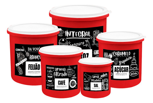 Kit 5 Potes De Mantimentos Plástico Decorado Preto Pb Frases Cor Conjunto Com 5 Verm Pb Frases