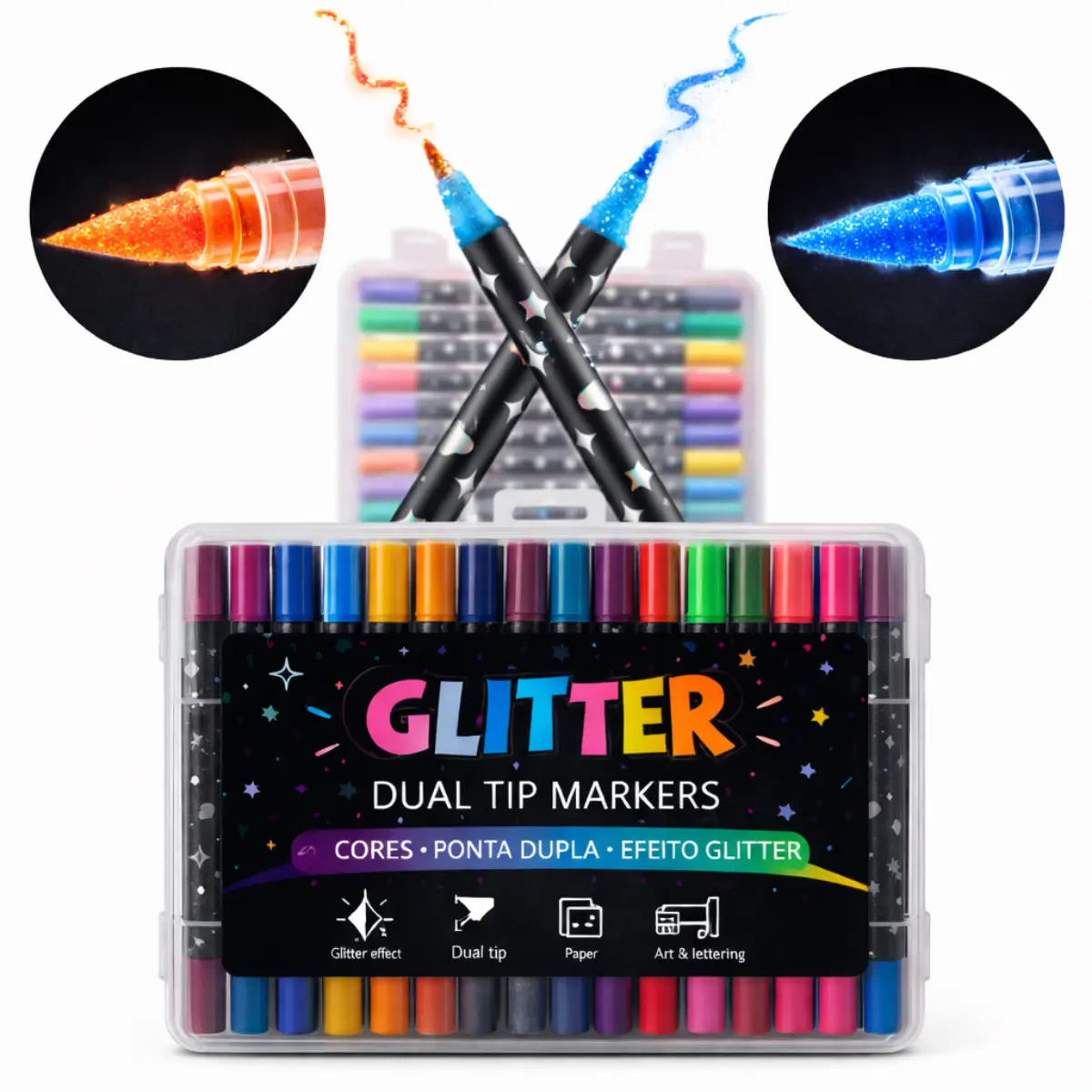 Canetinhas Glitter Touch 48 Cores Com 24 Canetas Ponta Dupla Colorida Vibrante Desenho Profissional Pintura