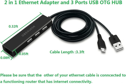 4 En 1 Adaptador Ethernet Y 3 Puertos Hub Otg Otg Para Fire