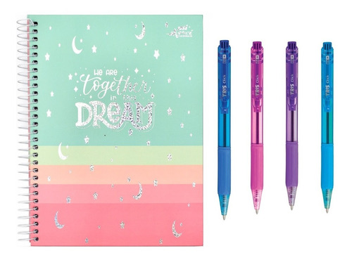 Caderno Colegial Cd Espiral Arco Iris + Kit De 4 Canetas