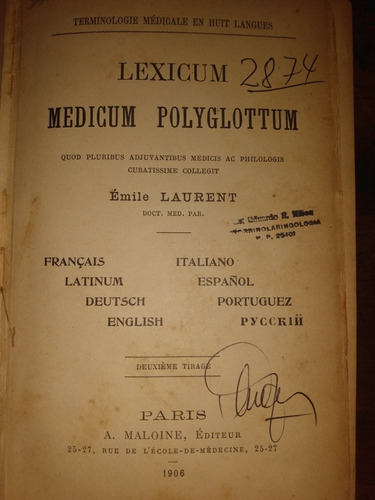 Léxico Médico Políglota En 8 Idiomas Laurent 1906 C8