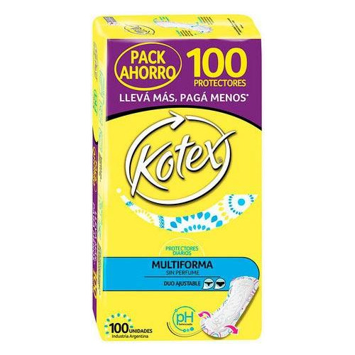 Imagen 1 de 2 de Protectores Diarios Kotex Multiforma Sin Perfume 100 Unidade