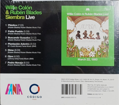 Cd Willie Colón Y Rubén Blades - Siembra Live (nuevo) Fania