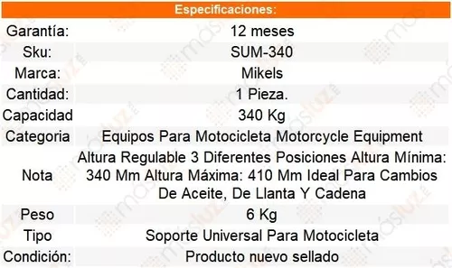 SOPORTE UNIVERSAL P/MOTOCICLETAS 340 kg - Mikels MEXICO, Precios de Fábrica