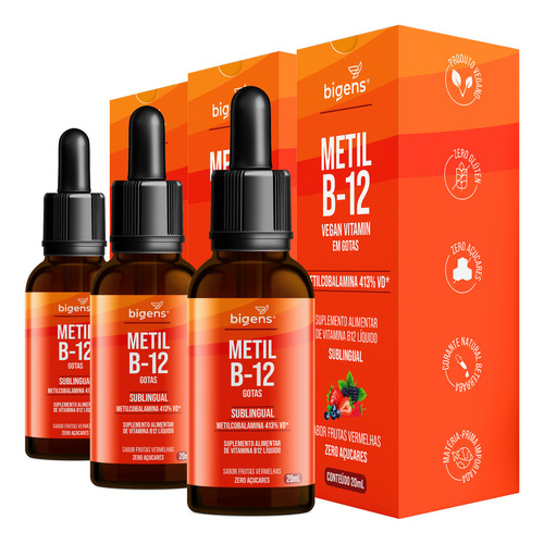 Kit Com 3x Metil B-12 Vegan Vitamin Gotas Liquida, Metilcobalamina 413% Vd Sublingual, Sabor Frutas Vermelhas, 20ml, Biogens