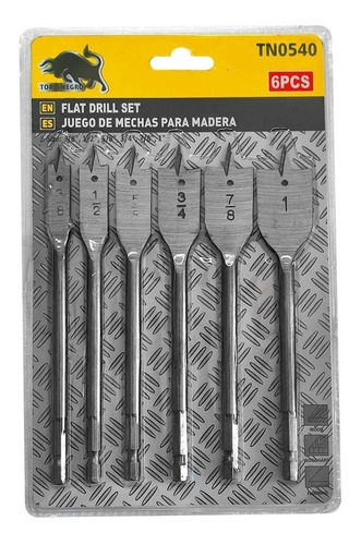 Broca Mecha Plana Madera 6pc 3/8 - 1/2 - 5/8 - 3/4 - 7/8 - 1