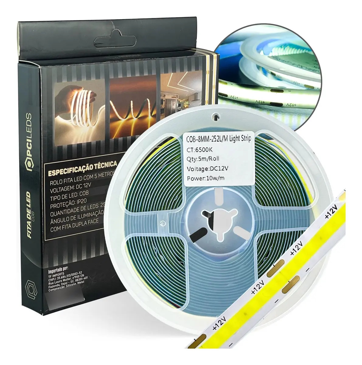 Fita Led COB 5m IP20 Pci Leds Branco Frio 252 LEDs/m Interno