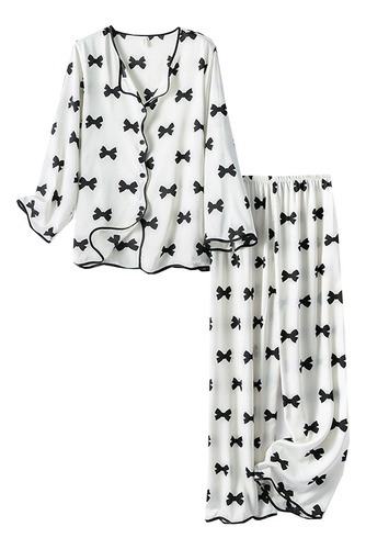 Pijama Con Estampado De Lazo Para Mujer, Traje De Dos Piezas