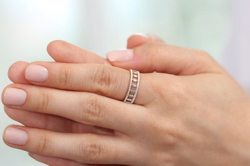 Anel De Dupla Fileira De Diamante Micro Pave Em Ouro 18k