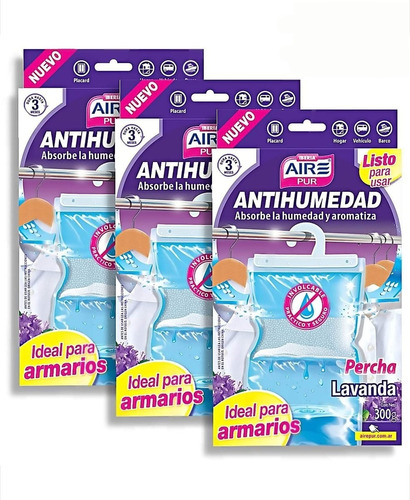 Antihumedad Percha Perfumada Lavanda Aire Pur Pack 3 Unidad