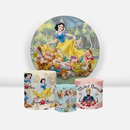 Kit Painel Redondo 1,50 Trio Capas De Cilindro Em Tecid F Cor Branca De Neve Disney