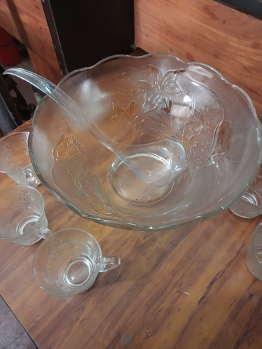 Ponchera De Vidrio Prensado Con ,8 Vasos Impecable Oferta!!