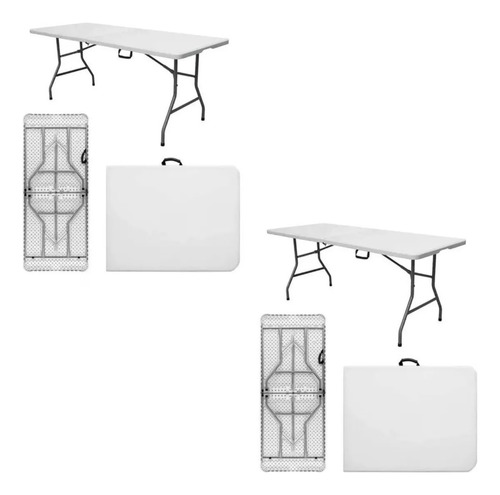 Kit 2 Mesas Dobravel Vira Maleta Com Alça 1,80m Camping Cor Branco