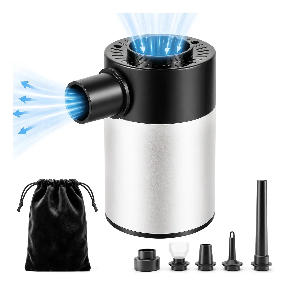 Bomba de Aire Eléctrica Portátil para Inflables Inflador Desinflador y Soplador 5200mAh 200L/min 6kPa 2 Velocidades 6 Boquillas Recargable USB-C para Colchón Alberca Bolsas de Vací