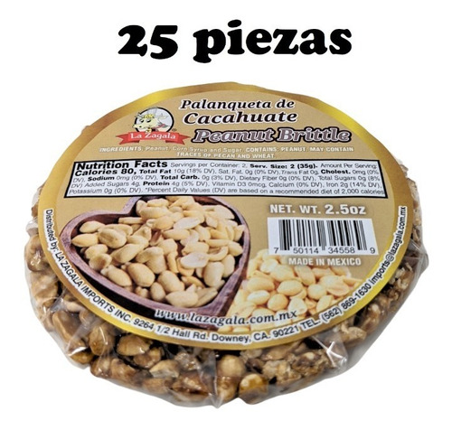 Palanqueta Cacahate 70grs (paquete 25 Pzs)