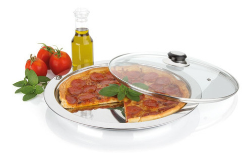 Bandeja Suporte Servir Pizza Com Tampa Bandeja Inox 32 Cm