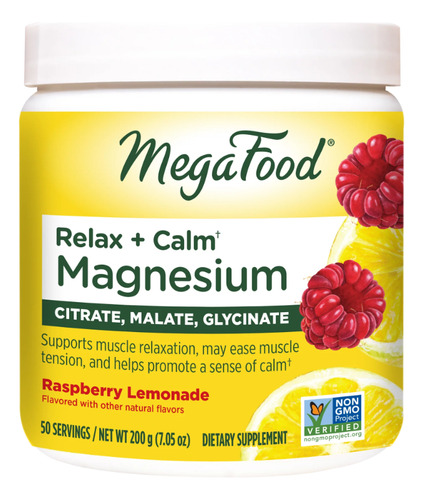 Megafood Magnesio Relax+calm Mezcla De Magnesio 200g Sabor Limonada De Frambuesa
