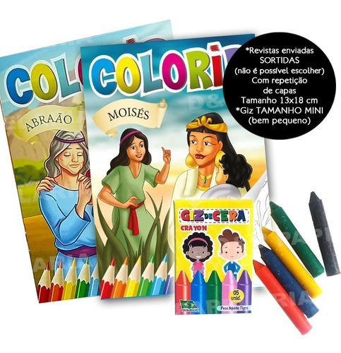 120 Kit Livrinho Revista Colorir Bíblico + Giz De Cera Mini Infantil P/ Lembrancinha