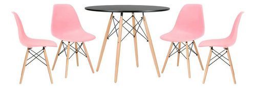 Kit  Mesa Eames 90 Cm Preto  4 Cadeiras Eames Wood Cor da tampa Mesa preto com cadeiras rosa