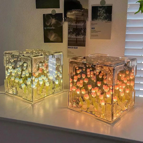 Luz Nocturna De Tulipán Hecha A Mano Modelo Espejo 2 En 1 Acabado Multicolor