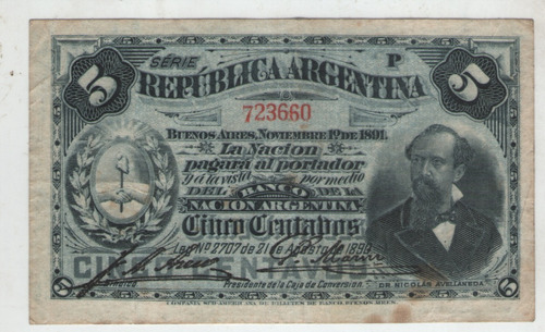 Billete 5 Centavos 1891 Serie S Areco-marin Mb+