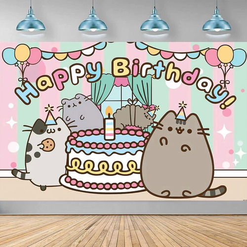Lindo Cartel Feliz Cumpleaño Diseño Gato Kawaii Dibujo Para