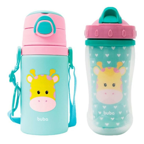 Kit Copo E Garrafa Canudo Infantil Parede Dupla Animal Fun Cor Girafa