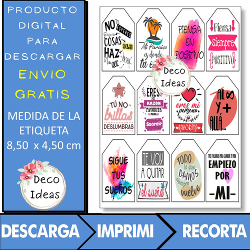 Imagen 3 de 4 de Kit Imprimible 03 Frases Color Stikers Tag Topper Emprender