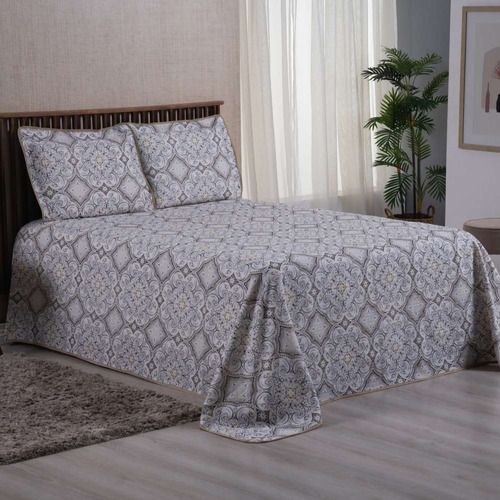 Cobre Leito Arezzo Colcha Casal King Floral Estampado 3 Peçs Cor Cáqui