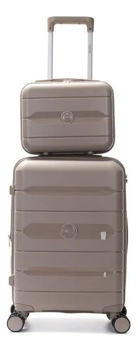Set Valija Skora 20 Pulgadas Rígida Con Beauty Case 14 Pulgadas Color Beige Polipropileno Ruedas 360 Candado Tsa Asa Telescopica Fuelle Interno Liviana Elástica Forro Estampado Combo Viaje Cabina