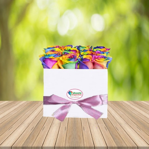 Box  De Rosas Arcoiris Gratis Globo + Tarjeta Personalizada 