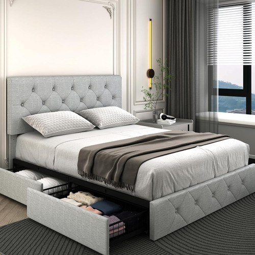 King Size Bed Frame Platform With 4 Storage Drawers, Adjusta