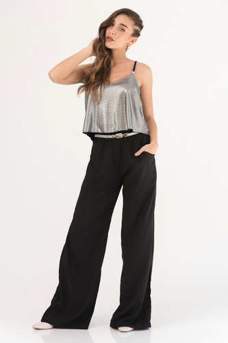 Pantalon Palazzo Negro Tiro Alto Elastico Cintura Bolsillos