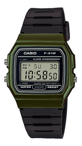 Reloj de pulsera Casio Collection F-91WG-9QDF-SC de cuerpo color verde, digital, para hombre, fondo gris, con correa de resina color negro, dial negro, minutero/segundero negro, bisel color verde y hebilla simple